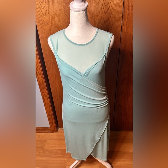 Venus Mint Green Sheer Top Sleeveless Mini Dress Ruched Waist Dress Sz Small - Picture 1 of 15